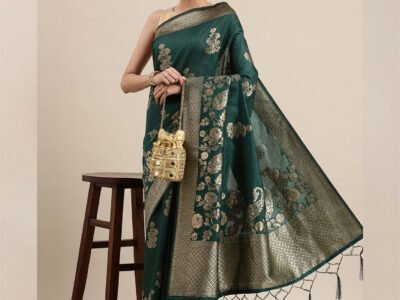 DARK GREEN WOVEN COTTON SILK SAREE